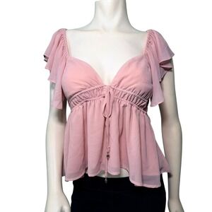 H&M Babydoll Blouse Womens Medium Pink Ruffle Sleeve V-Neck Chiffon Top